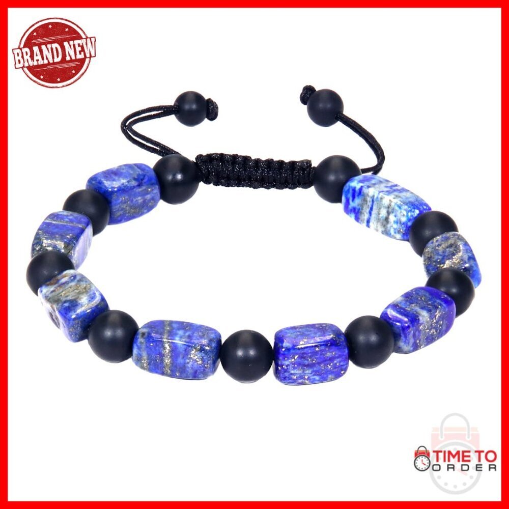 Handmade Lapis Lazuli Black Onyx Bead Bracelet Adjustable Men's Jewelry